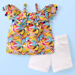 Babyhug Floral Printed Off Shoulder Top & Denim Shorts Set - Multicolor-image-60