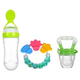 Joy Buzz Baby Silicone 90 ml Spoon Feeder Rattle Teether & Fruit Nibbler Combo Pack Of 3 - Green-0