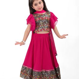 Babyhug Woven Half Flutter Sleeves Sequinned & Embroidered Choli With Lehenga and Dupatta - Hot Pink-picture-39