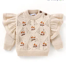 Babyoye 100% Cotton Knitted Full Sleeves Pullover Sweater with Floral Embroidery & Frill Detailing - Beige-picture-11