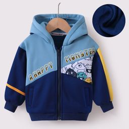 Kookie Kids Full Sleeves Cut & Sew Designed Hooded Sweatjacket with Text Print - Blue-image-23