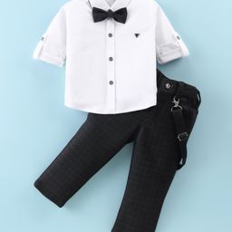 Robo Fry Cotton Woven Full Sleeves Solid Color Shirt & Trousers With Suspender & Bow - White & Black-image-36