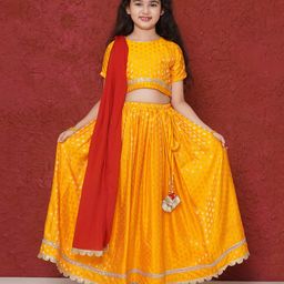AJ Dezines Chanderi Half Sleeves Foil Printed & Lace Embellished Lehenga Choli Set - Yellow-image-12