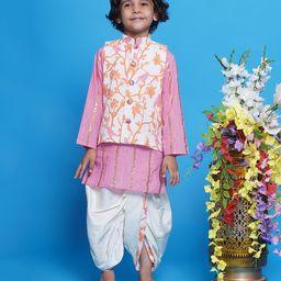 Little Bansi Full Sleeves Striped Foil Printed Kurta & Dhoti With Floral Embroidered Nehru Jacket Set - Cream-picture-22
