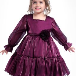 Babyhug Woven Full Sleeves Party Wear Dress With Frill Detailing Flower Applique & Pearl Embellishment - Wine-image-93