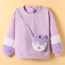 Little Kangaroos Fleece Knit Full Sleeves Sweatshirt With Sling Bag & Fur Detailing - Purple-image-77
