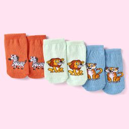 Cute Walk By Babyhug Non Terry Knit Anti-Bacterial Anti-Skid Ankle Length Socks With Animal Design Pack of 3 - Blue Green & Orange-image-28