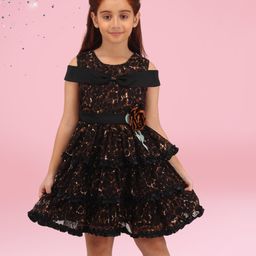 Cutecumber Net Cold Shoulder Sleeves Leopard Printed & Floral Applique Detailed Tiered Dress - Brown-image-4