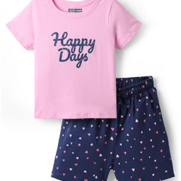 Pine Kids Single Jersey Knit Half Sleeves Shorts Nightsuit With Happy Days Text Print - Pink & Navy Blue-image-80