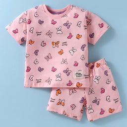 CUCUMBER Sinker Knit Half Sleeves Butterfly Printed Shorts Night Suit - Pink-image-30