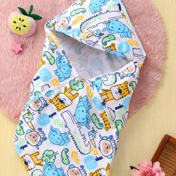 Babyhug Interlock Terry Knit Wrapper with Animal Print & Hood L 75 x B 70 cm - White Yellow & Blue-image-88