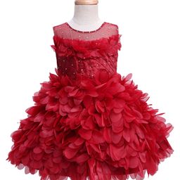 Enfance Sleeveless Stone Embellished & Embroidered Ruffle Detailed Knee Length Dress - Maroon-image-94