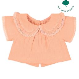My Milestones Cotton Flutter Sleeves Lace Detailed Crop Top - Peach-picture-3