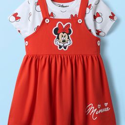 Babyhug Disney Single Jersey Knit Dungaree Style Frock & Half Sleeves Inner Tee With Minnie Mouse Graphics - Red & White-image-5
