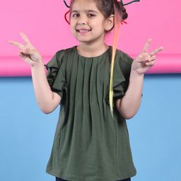 BaawRi Cotton Lycra Knit Half Sleeves Frill Detailed Solid Top - Olive-image-62