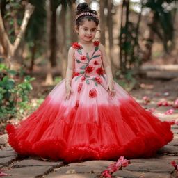 Li & Li Couture Net Woven Sleeveless Floral Applique Detailed Ombre Tiered Gown - Red & Peach Bud-image-36