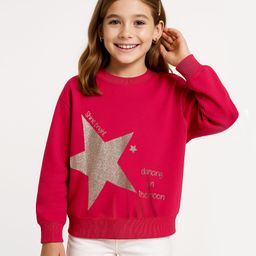 Arias Looper Knit Full Sleeves Sweatshirt with Star Glitter Print - Red-image-77