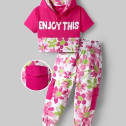 OLLINGTON ST. Cotton Knit Half Sleeves Colorblocked Floral Printed Hooded Top & Knit Jogger Set - Pink & Multicolor-picture-12