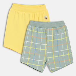 MINI KLUB Cotton Knit Pack Of 2 Checked & Pineapple Patch Detailed Shorts - Yellow & Grey-image-97