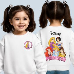 Babyhug Disney 100% Cotton Oversize Drop Shoulder Full Sleeves Sweatshirt With Front & Back Disney Princess Graphics & Frill Detailing - White-picture-13