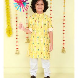 Ministitch Cotton Woven Full Sleeves Bandhani Printed Kurta Pyjama Set - Yellow-image-3
