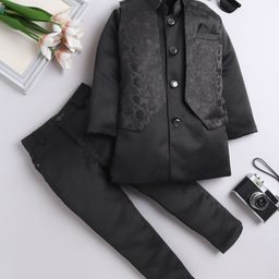 Fourfolds Woven Full Sleeves Solid Sherwani & Pant With Floral Embroidered Jacket Set - Black-picture-18