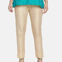 Go Colors Women Cream-Coloured Tapered Fit Solid Regular Trousers-picture-3