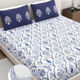 Home Ecstasy Berry Blue Cotton Floral 140 TC King Fitted Bedsheet with 2 Pillow Covers-image-33