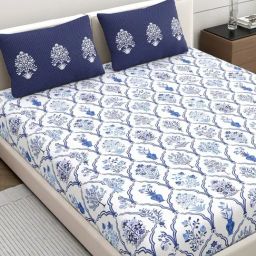 Home Ecstasy Berry Blue Cotton Floral 140 TC Double Bedsheet with 2 Pillow Covers-picture-30