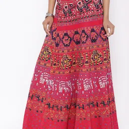 SOUNDARYA Women Red & Yellow Printed Flared Wrap Around Maxi Skirt-image-39