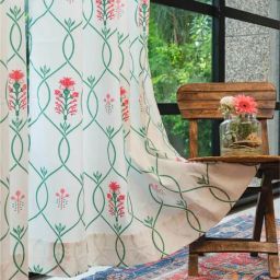 Urban Space Pink & Green Cotton Printed Door Curtain with Eyelets & Tieback - Set of 2 (7 ft)-58
