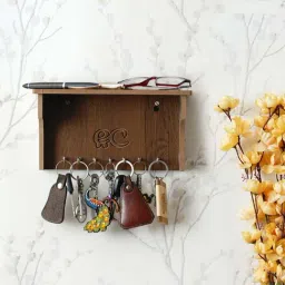 eCraftIndia Brown Wooden 7-in-1 Hook Keyholder With Shelf-image-89