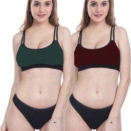 AROUSY Green & Maroon Cotton Bra Panty Set - Pack Of 2-image-83