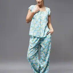 Miss Chase Light Blue Rayon Floral Print Top With Pyjamas-image-55