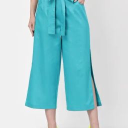 Lela Blue Cotton Mid Rise Palazzos-image-12