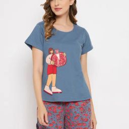 Clovia Blue Printed Cotton T-Shirt With Shorts-image-45