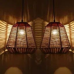 ExclusiveLane Red & Beige Iron Magnificence Handwoven Pyramidal Hanging Pendant Lamp - Set of 2-image-29