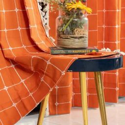 Urban Space Aura Burnt Orange Checks Cotton Embroidered Long Door Curtain-46