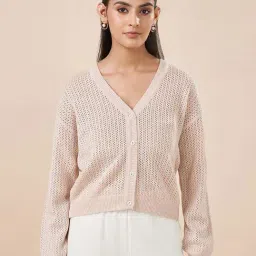 Akkriti by Pantaloons Beige Cotton Solid Cardigan-image-6
