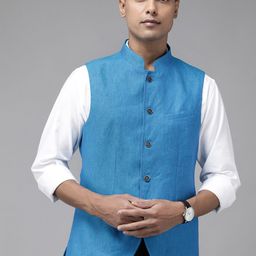 Blackberrys Men Blue Pure Linen Self-Design Slim Fit Nehru Jacket-23