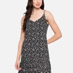 Hypernation Black Rayon Floral Print Babydoll Night Dress-image-96