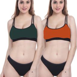 AROUSY Green & Orange Cotton Bra Panty Set - Pack Of 2-image-66