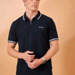Club York Navy Cotton Blend Regular Fit Solid Polo T-Shirt-image-86