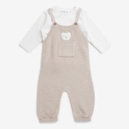 HOP Baby by Westside Taupe Knitted Cotton Blend Dungaree & T-Shirt Set-image-76