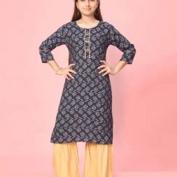 Aarika Kids Navy & Fawn Beige Cotton Printed Kurti Set-image-72