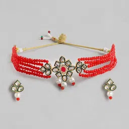 Anouk Red Beaded Kundan Pendent Necklace Earring Set-2