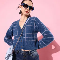 The Roadster Life Co. Checked Crop Cardigan Sweater with Fuzzy Detail-image-79