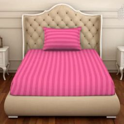 Spaces Skyrise Stripes Pink 210 TC Cotton Single Bedsheet With 1 Pillow Covers-picture-1