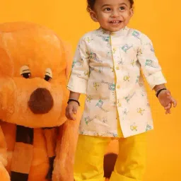 VASTRAMAY Boys White & Yellow Printed Full Sleeves Kurta Sets-image-19