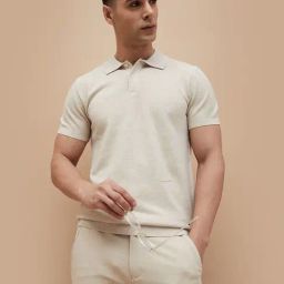 Code By Lifestyle Beige Cotton Regular Fit Texture Polo T-Shirt-picture-8